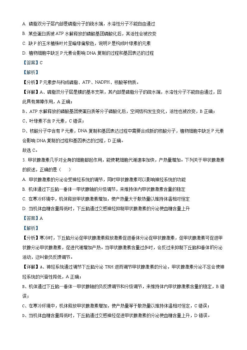 云南省保山市2023-2024学年高三上学期1月期末生物试题（Word版附解析）02