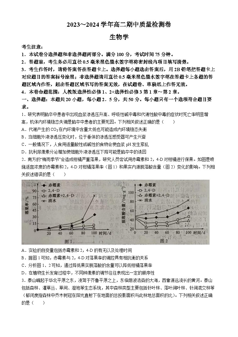 山西省运城市三晋卓越联盟-2023-2024学年高二下学期期中生物试题(无答案)第1页