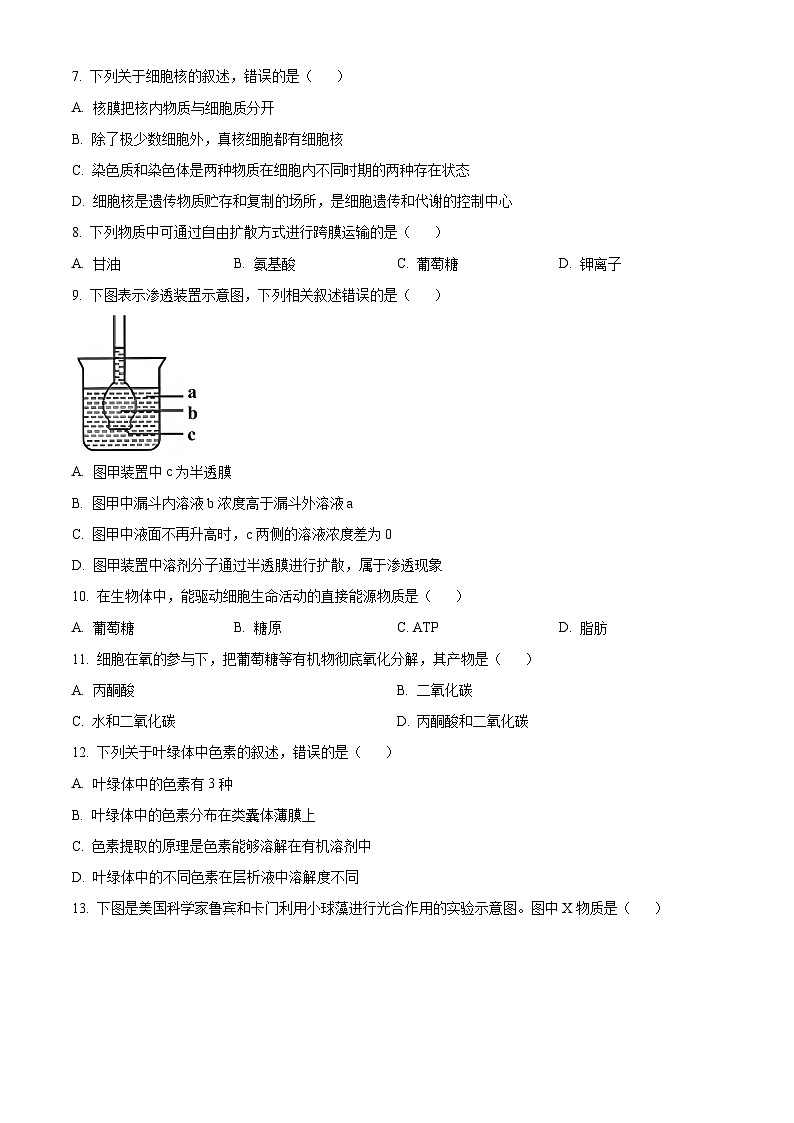 2024年湖南省普通高中学业水平合格性考试仿真试卷高一生物试题（原卷版+解析版）02