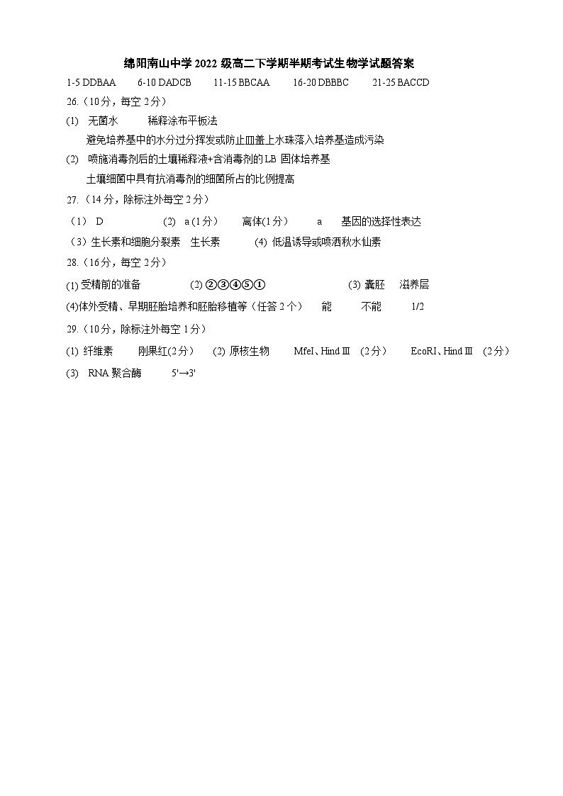 2024绵阳南山中学高二下学期期中考试生物含答案01