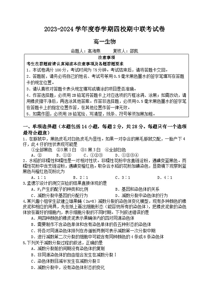 江苏省无锡市江阴市四校联考2023-2024学年高一下学期4月期中生物试题01