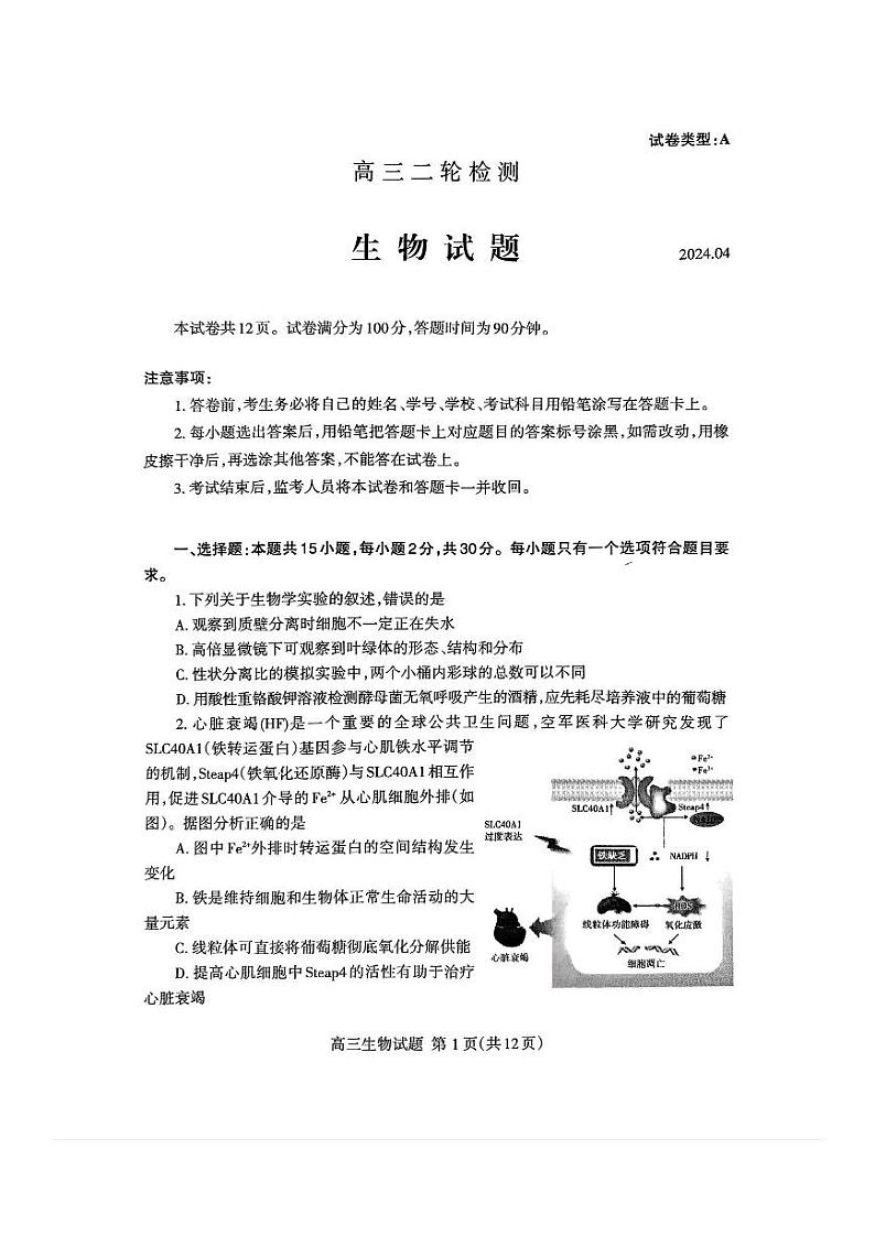 2024届山东省泰安市高三二轮检测生物试题+答案（4.26泰安二模）01