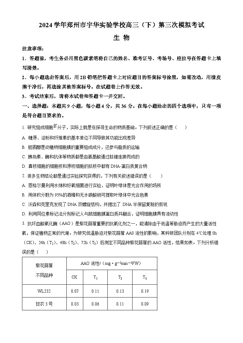 河南省郑州市宇华实验学校2024届高三下学期第三次模拟考试生物试题（Word版附解析）01