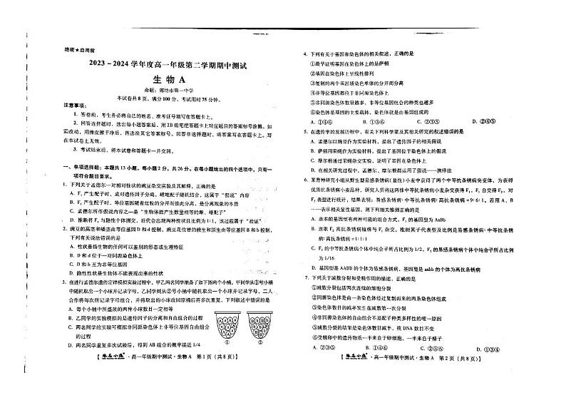 河北省部分校2023-2024学年高一下学期期中考试生物试题01