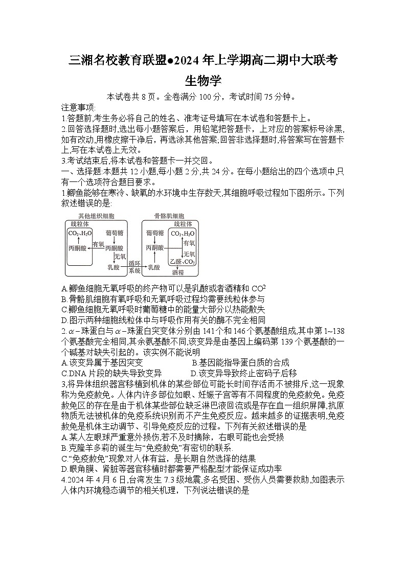 湖南省三湘名校教育联盟2023-2024学年高二下学期4月期中生物试题01