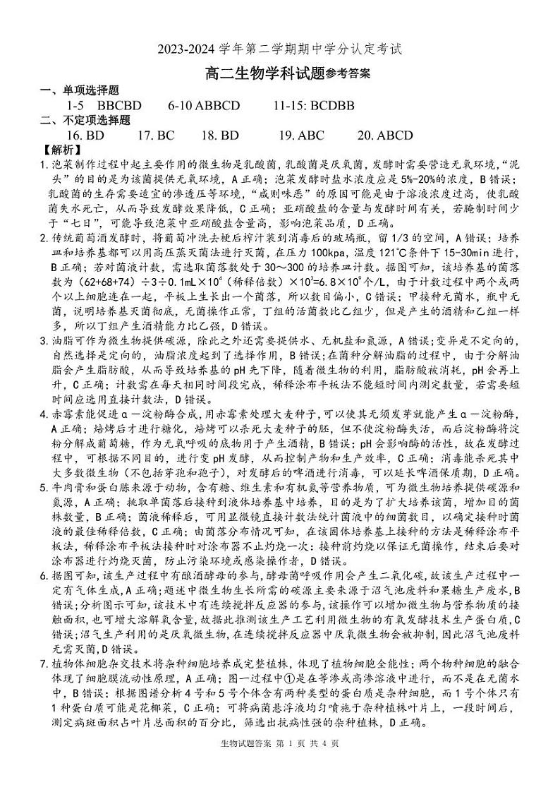 山东省淄博市高青县第一中学2023-2024学年高二下学期期中考试生物试题01