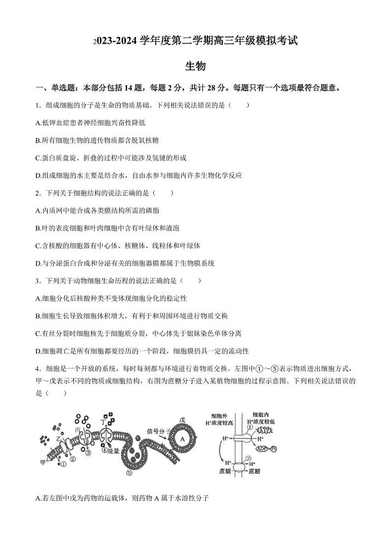江苏省南通市海安高级中学2023—2024学年高三下学期第二次模拟考试生物试题01