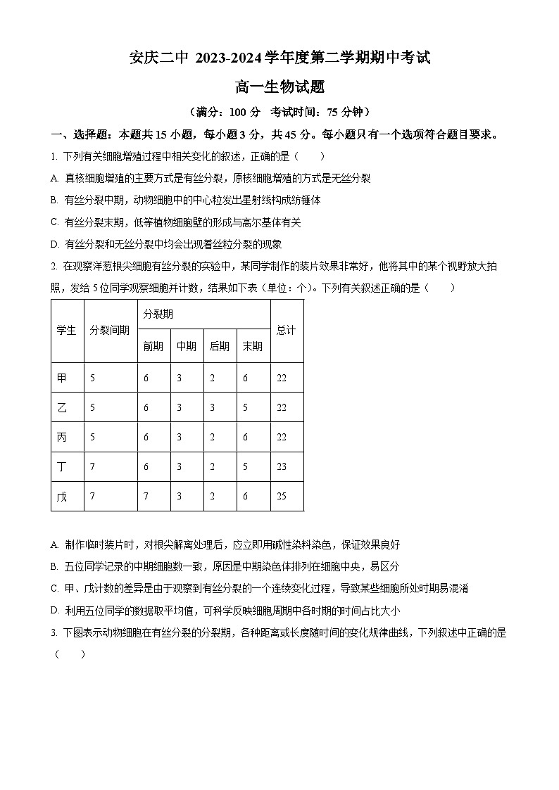 安徽省安庆市第二中学2023-2024学年高一下学期期中生物试卷（Word版附解析）01