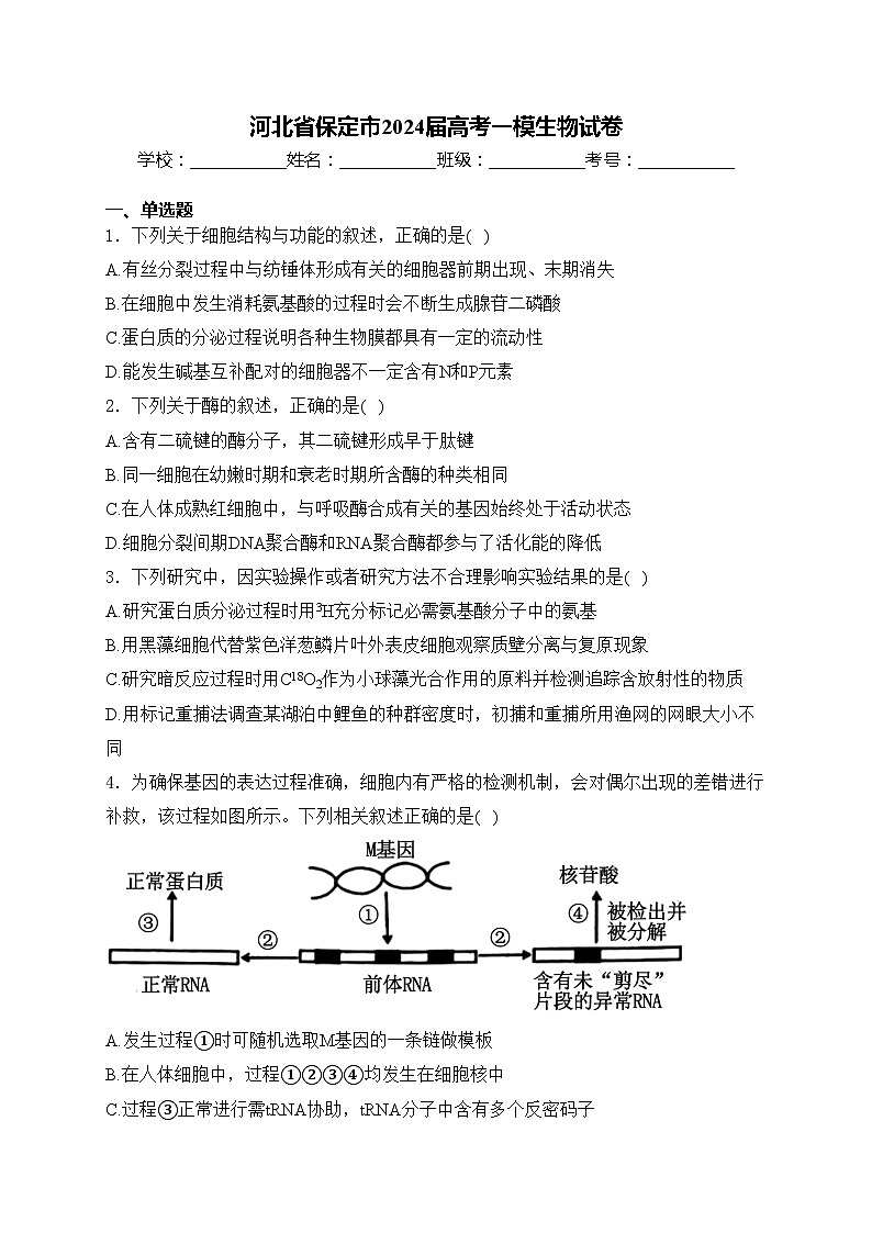 河北省保定市2024届高考一模生物试卷(含答案)01