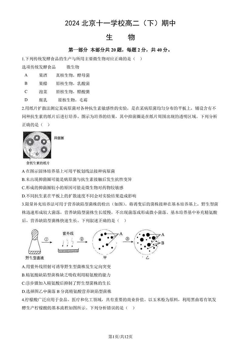 2024北京十一学校高二下学期期中生物试题及答案试卷101