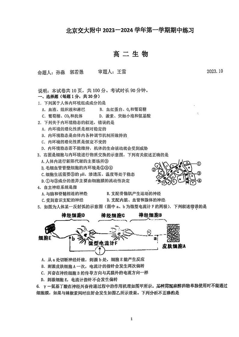 北京交大附中 2023-2024学年上学期期中练习高二生物试卷01