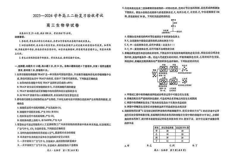 江西省部分重点中学2023-2024 学年高三4月二轮复习验收联考生物试卷第1页