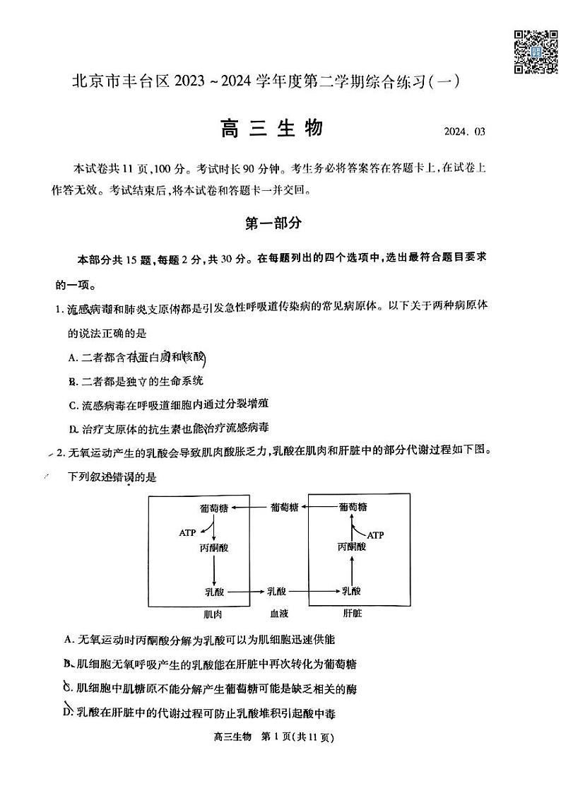 2024北京丰台高三一模生物试卷01