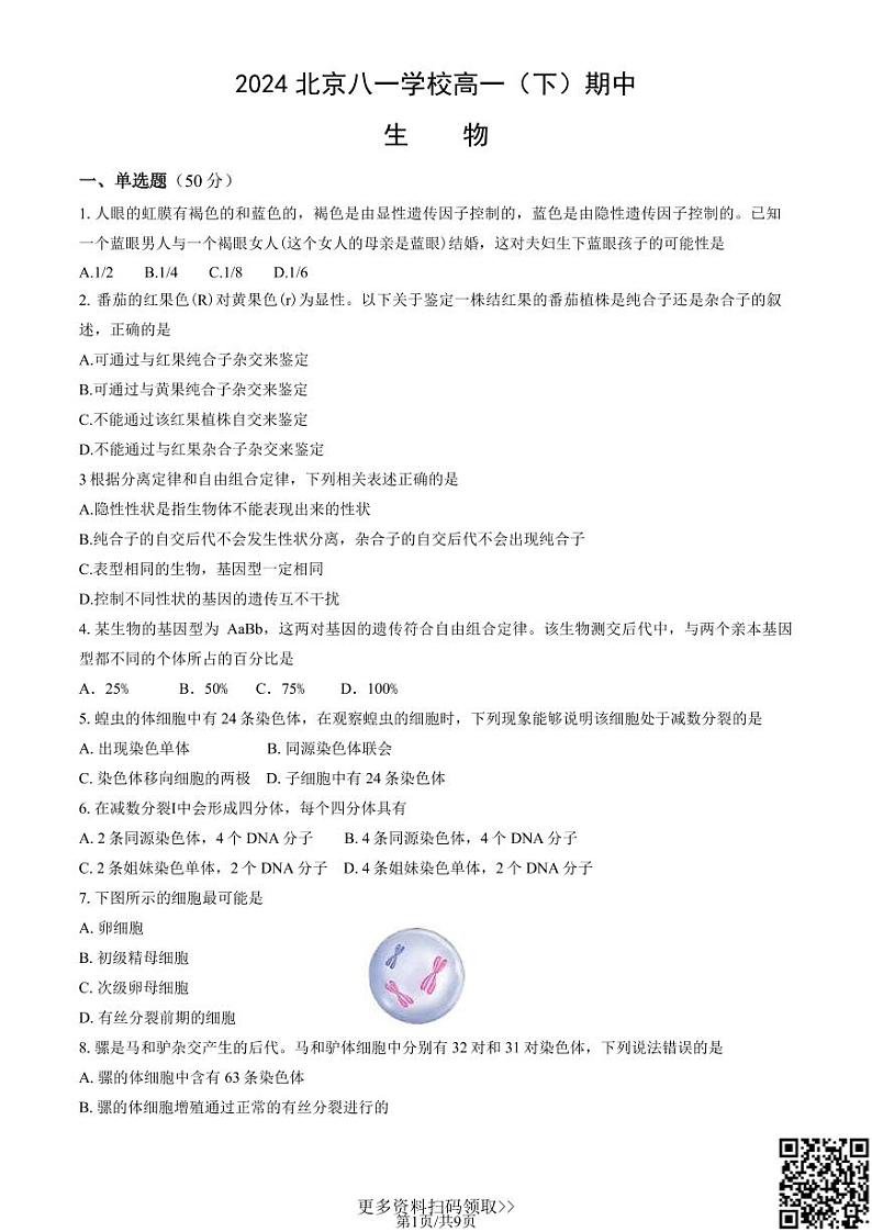 2024北京八一学校高一下学期期中生物试卷及答案01