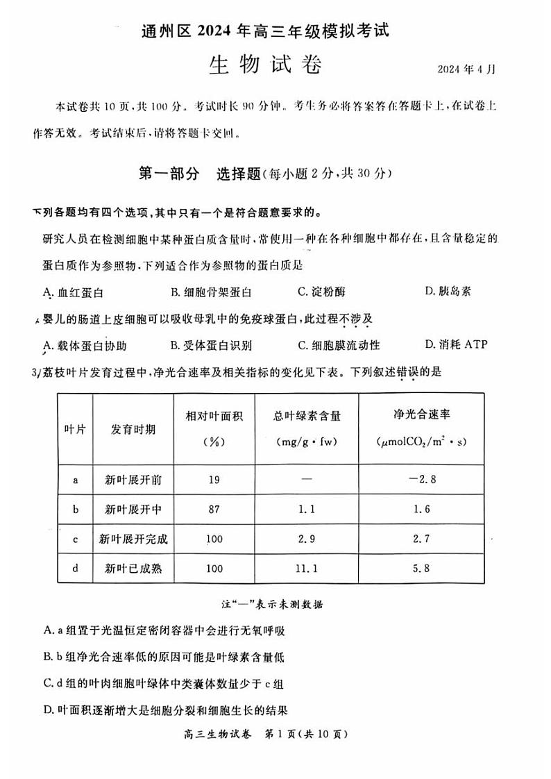 2024北京通州高三一模生物试卷第1页