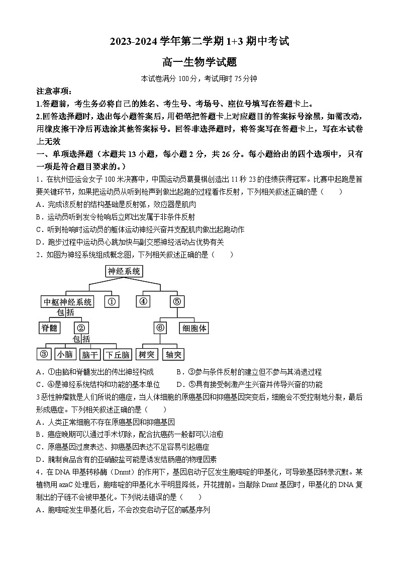 河北省保定市保定部分1+3+2023-2024学年高一下学期4月期中生物试题01