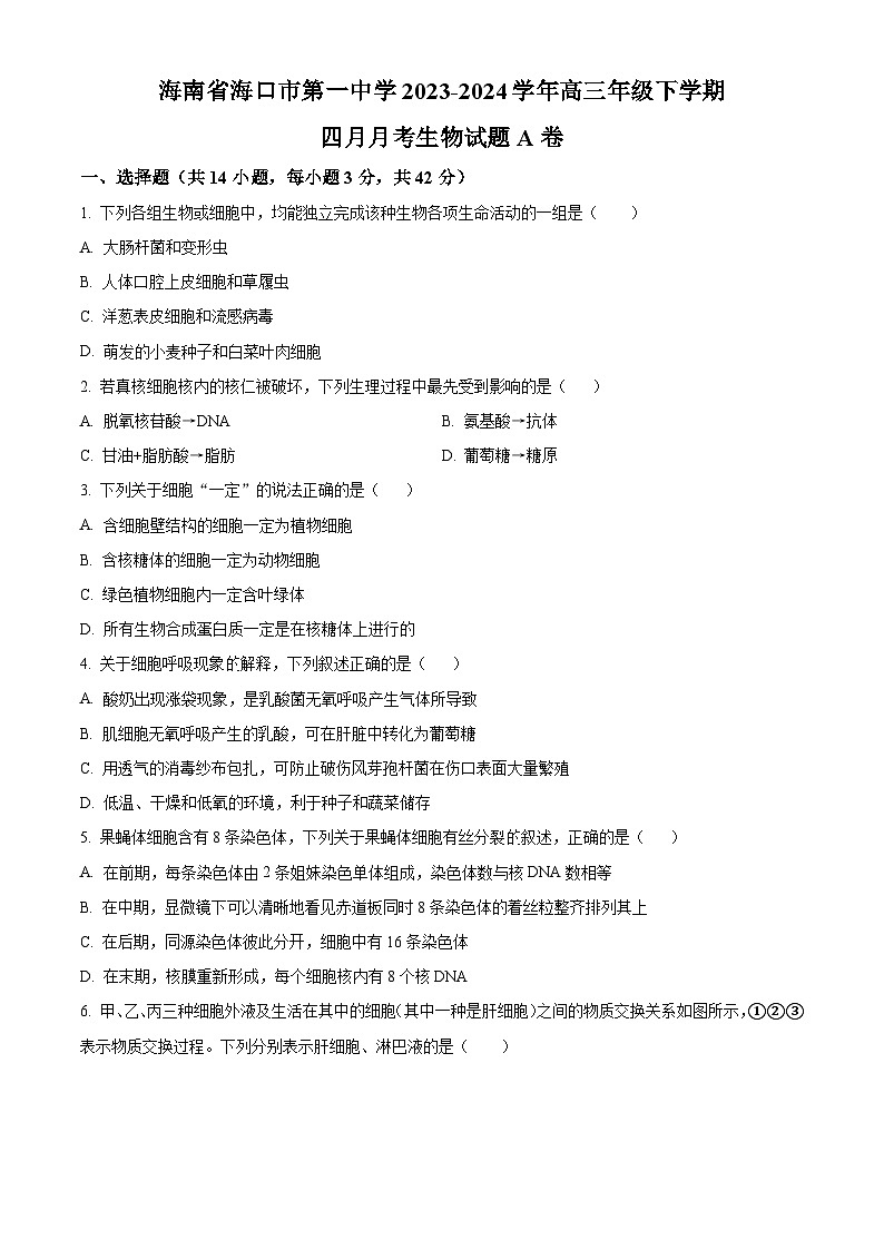 海南省海口市第一中学2023-2024学年高三年级下学期四月月考生物试题A卷（原卷版）第1页