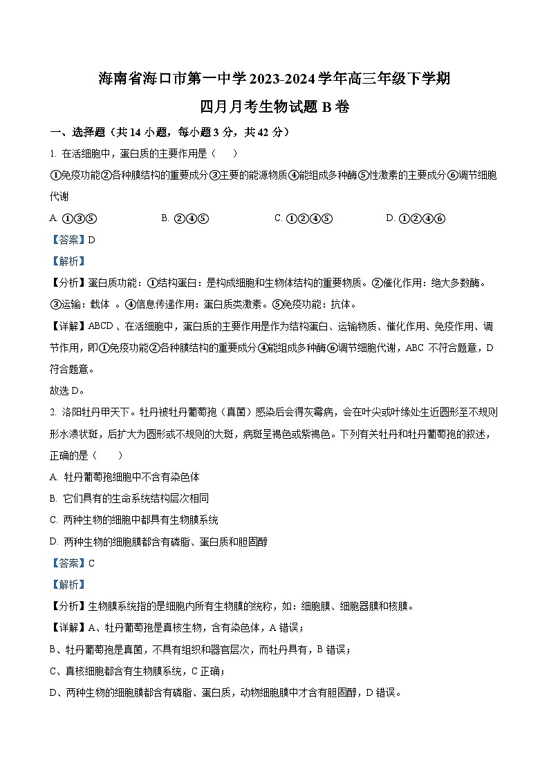 海南省海口市第一中学2023-2024学年高三年级下学期四月月考生物试题B卷（解析版）第1页