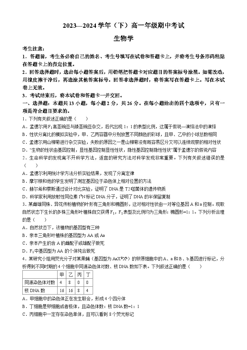 2024河南省多校高一下学期4月期中联考试题生物含解析01