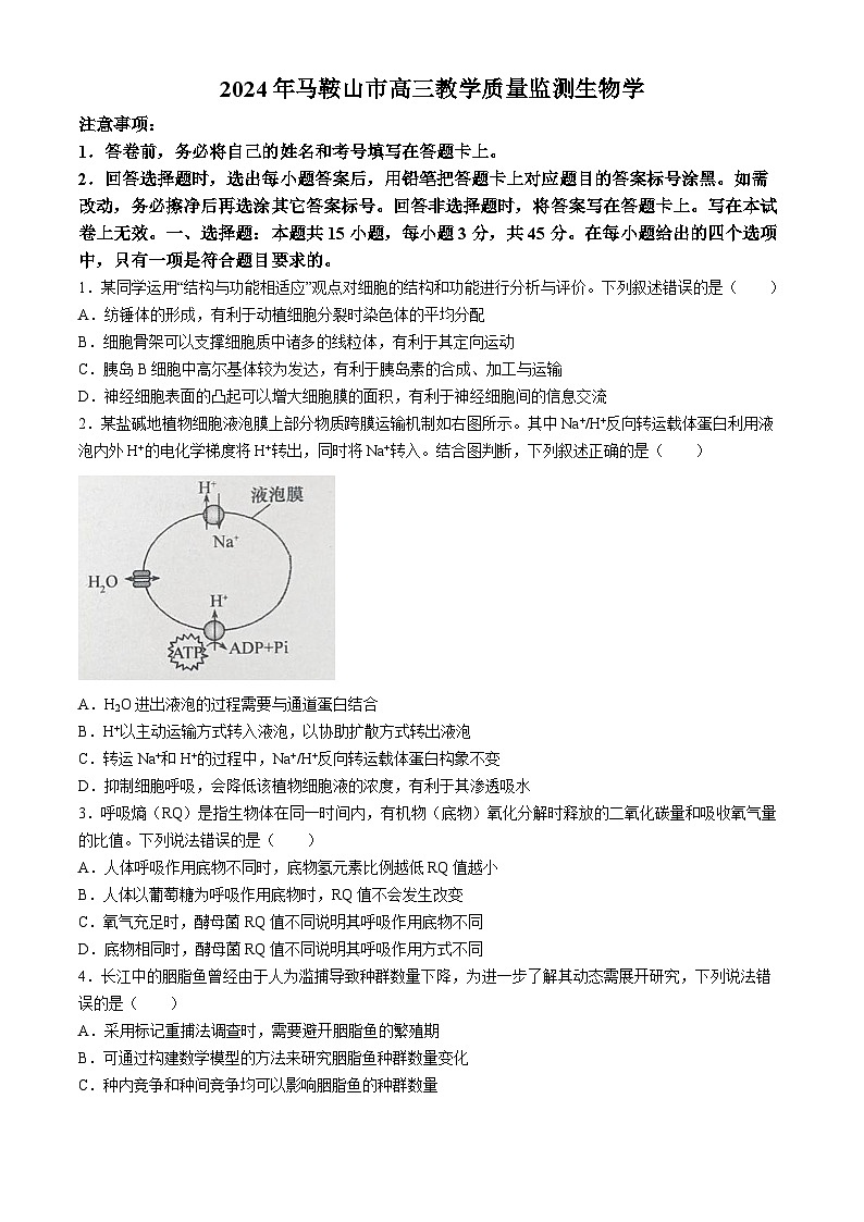 2024届安徽省马鞍山市高三教学质量监测（三模）生物试题+答案第1页