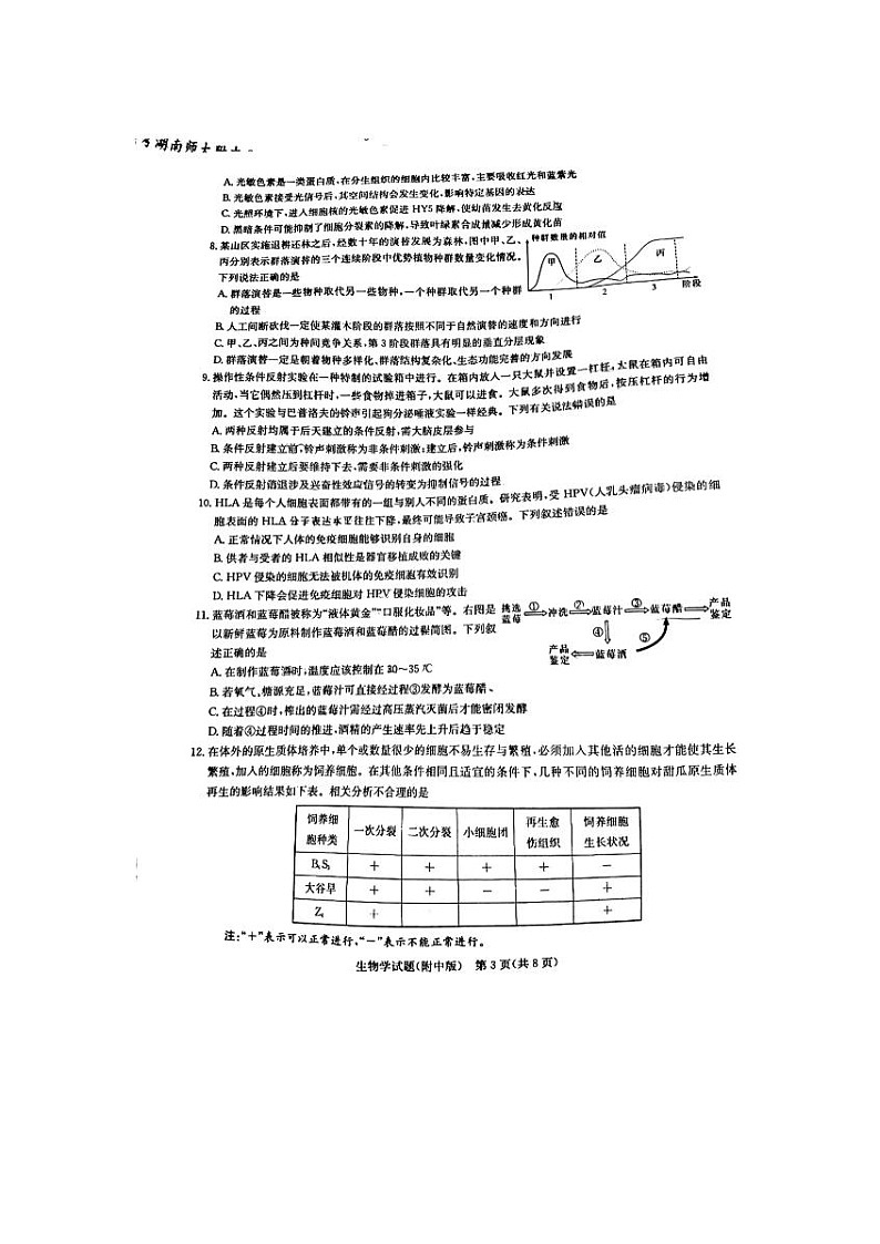 2024届炎德英才湖南省师大附中高三下学期月考生物试题03