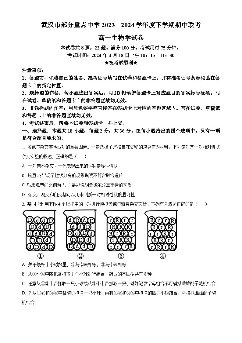 湖北省武汉市六校联盟2023-2024学年高一下学期4月期中联考生物试题无答案第1页