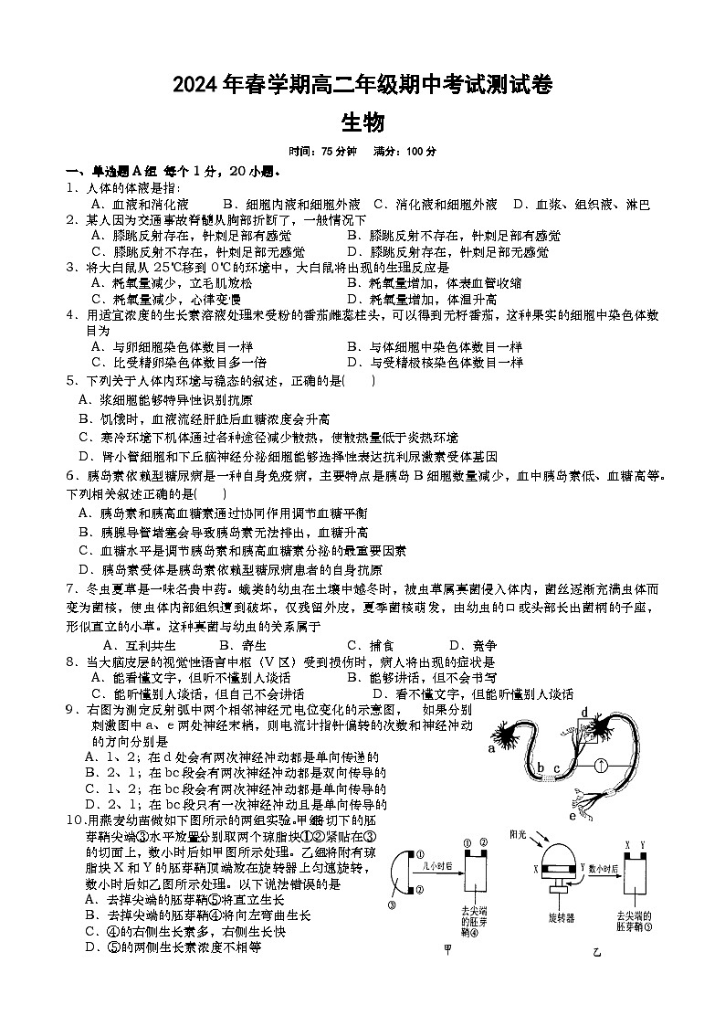 江苏省盐城市阜宁县东沟中学2023-2024学年高二下学期4月期中生物试题01
