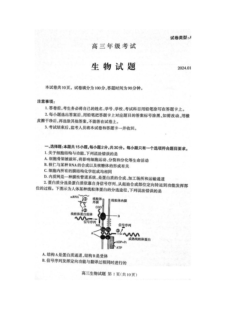 2024届山东泰安高三上学期生物期末考试题第1页