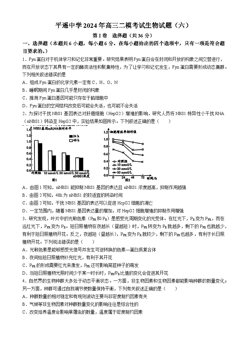 山西省晋中市平遥县平遥中学2023-2024学年高三二模考试生物试题+(六)(无答案)第1页