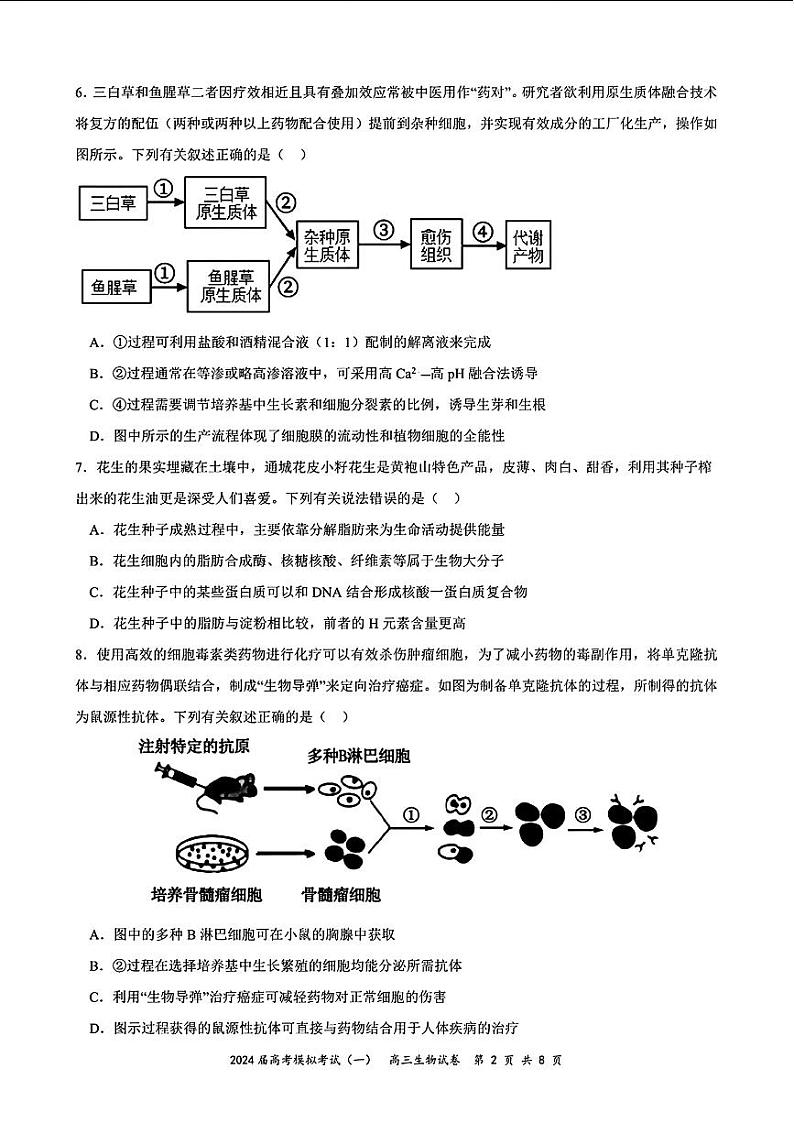 湖北省黄石二中等三校2024年高三一模考试生物试题02