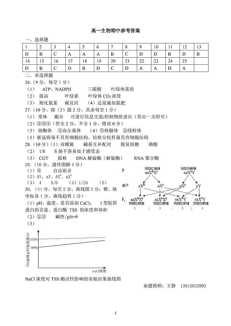 高一生物答案第1页