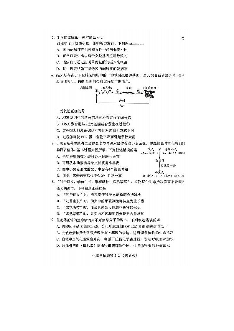 2024届贵州省高三下学期4月适应性考试生物试题02