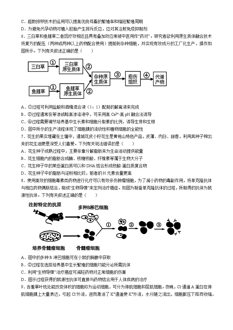 湖北省黄石二中等三校2024年高三一模考试生物试题02