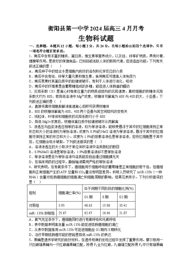 湖南省衡阳市衡阳县第一中学2023-2024学年高三下学期4月月考生物试题第1页