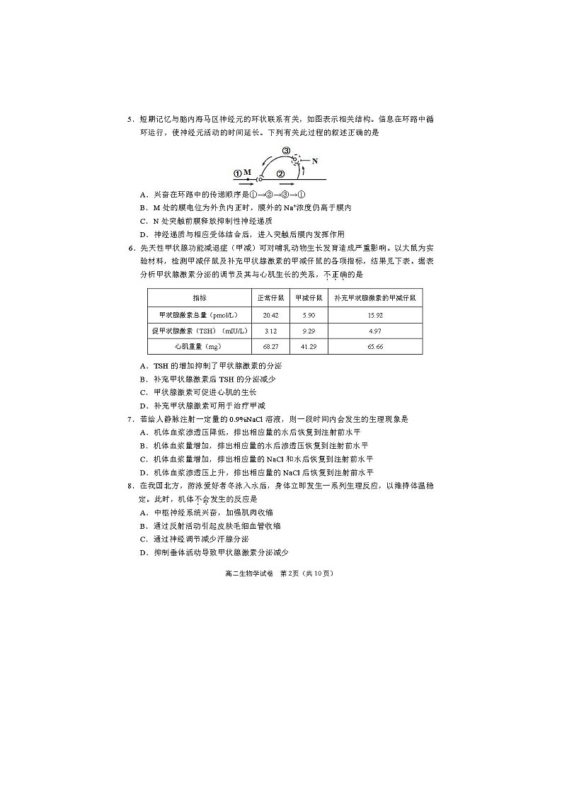 2024届北京石景山区高二上学期生物期末试题02