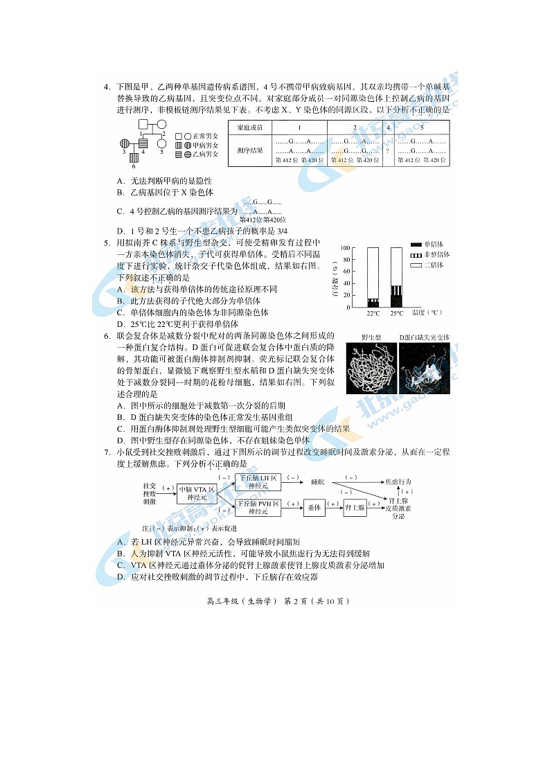 2024届北京海淀区高三上学期生物期末试题第2页