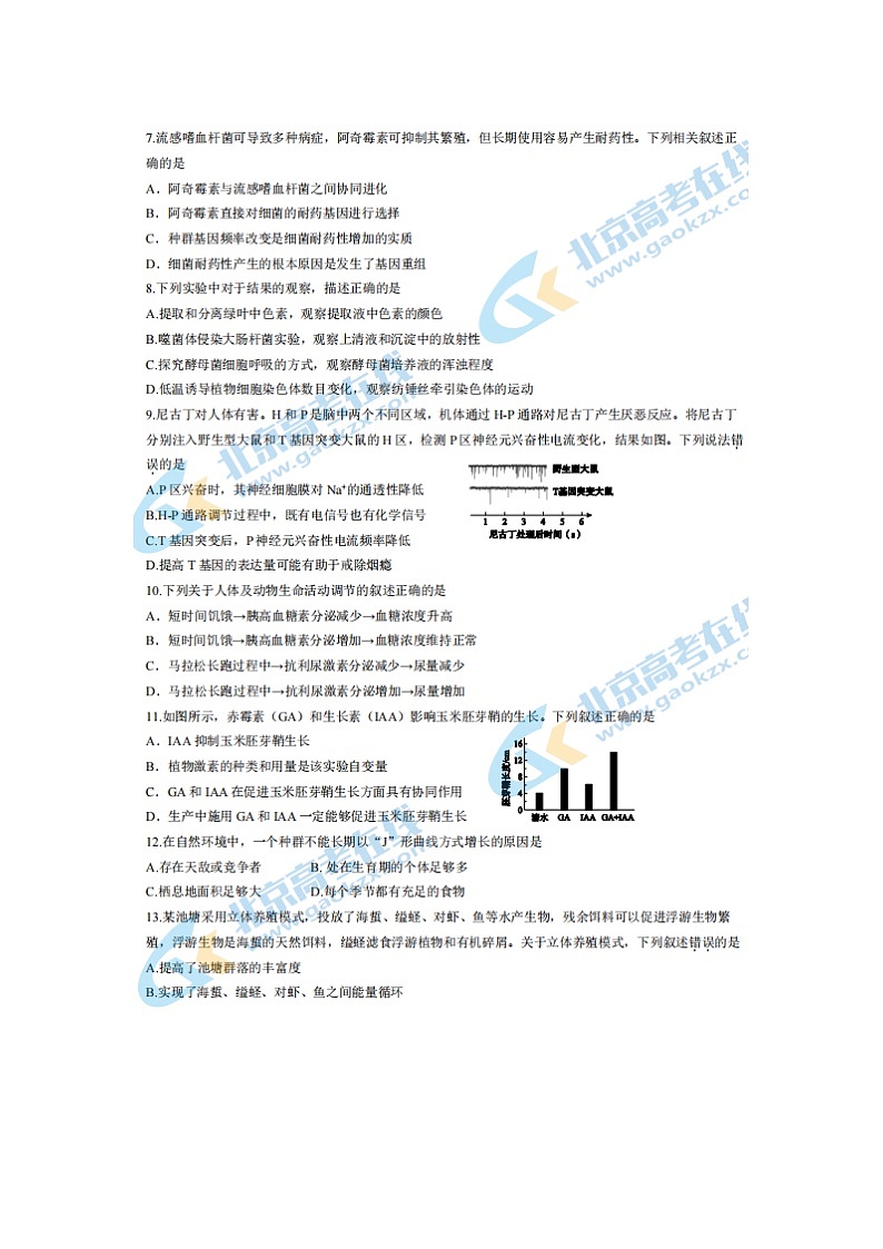 2024届北京大兴区高三上学期生物期末试题02
