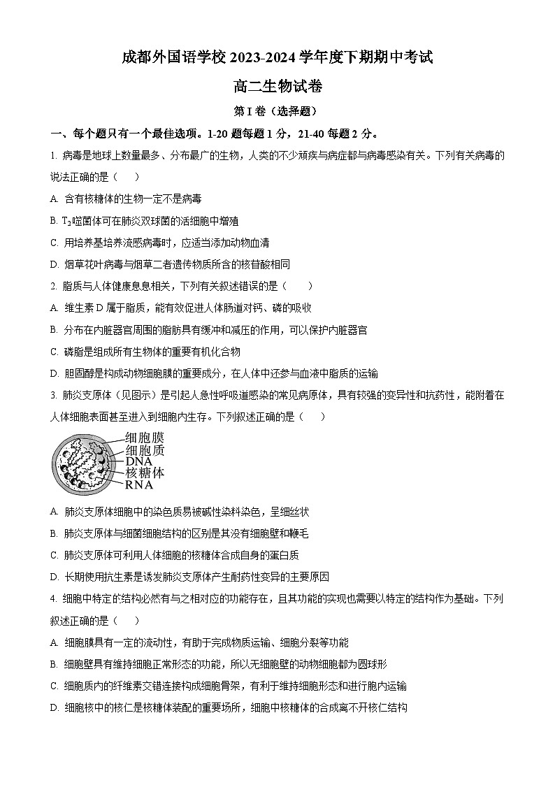 四川省成都市外国语学校2023-2024学年高二下学期期中考试生物试题（原卷版）第1页