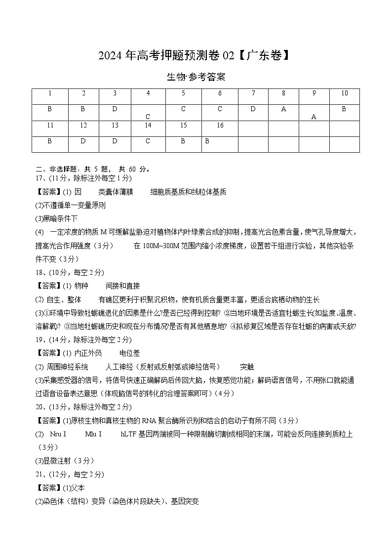 2024年高考押题预测卷—生物（广东卷02）（参考答案）01