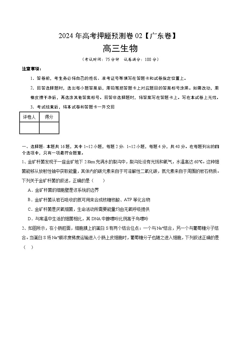 2024年高考押题预测卷—生物（广东卷02）（考试版）第1页