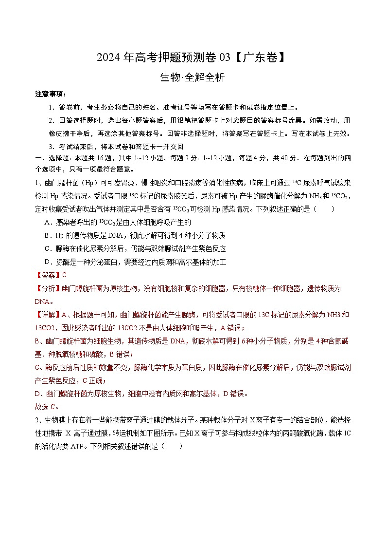 2024年高考押题预测卷—生物（广东卷03）（全解全析）01