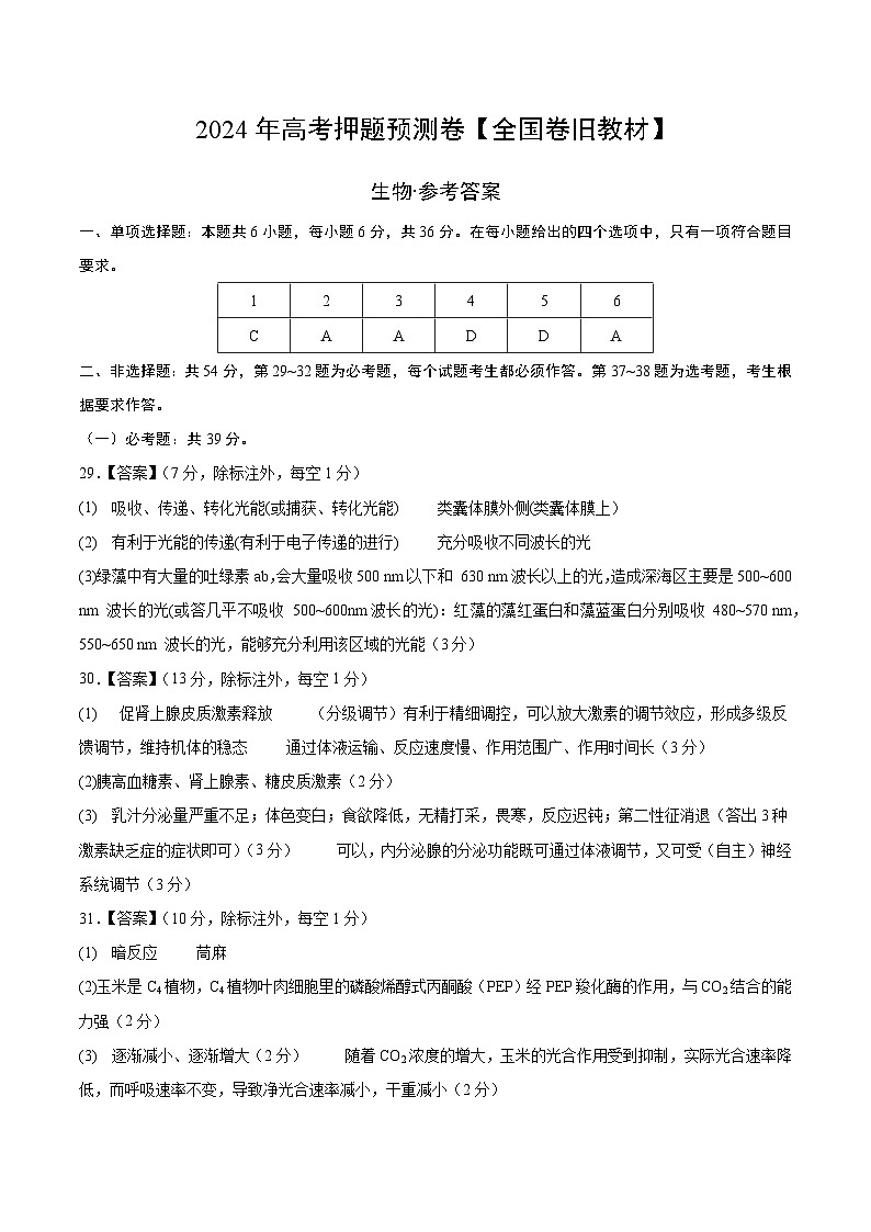 2024年高考押题预测卷—生物（全国卷旧教材）（参考答案）第1页