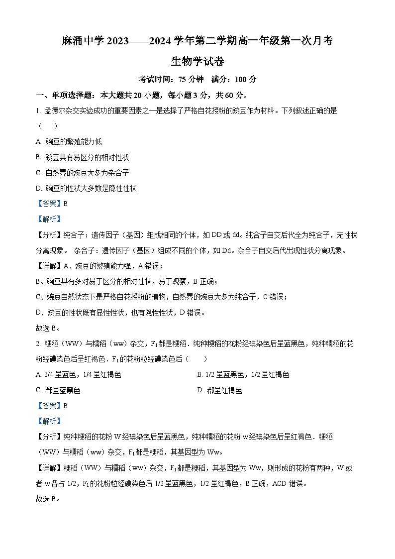 广东省东莞市麻涌中学2023-2024学年高一下学期4月月考生物试题（原卷版+解析版）01