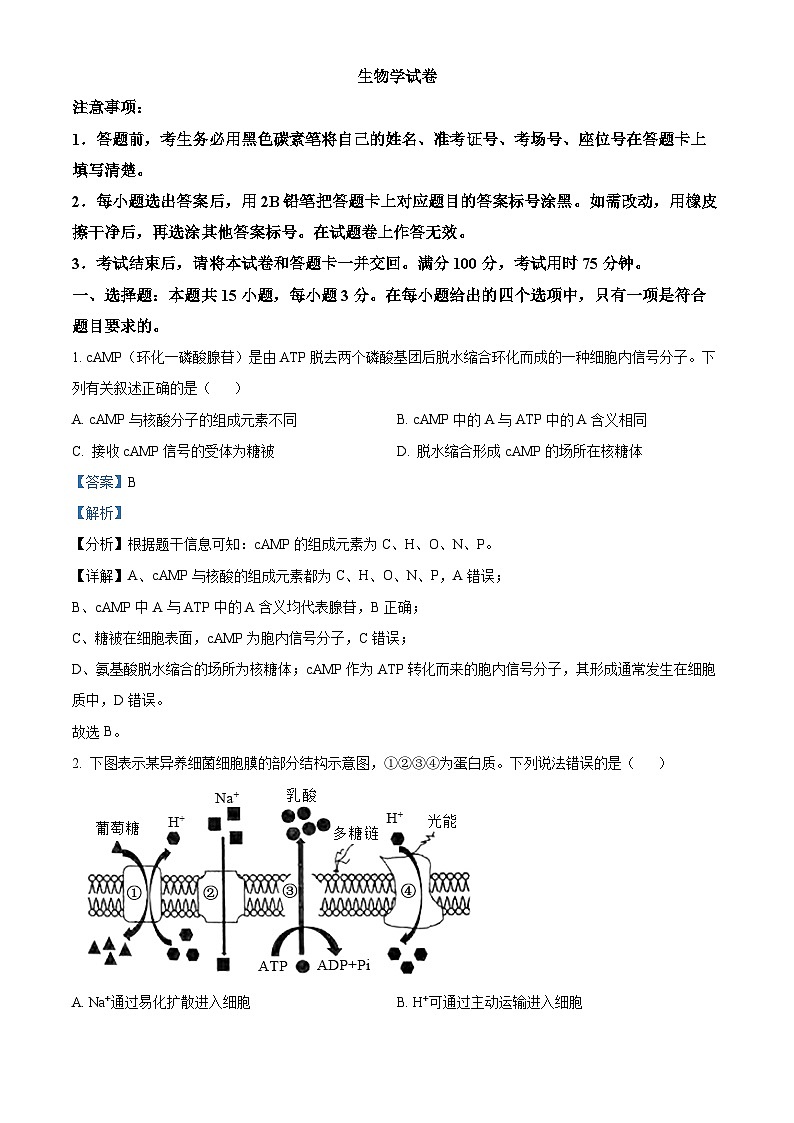 重庆市南岸区部分学校2024届高三下学期4月联合测试卷生物试题（解析版）第1页