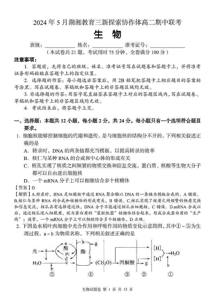 湖南省湖湘教育三新探索协作体2023-2024学年高二下学期5月期中生物试题第1页