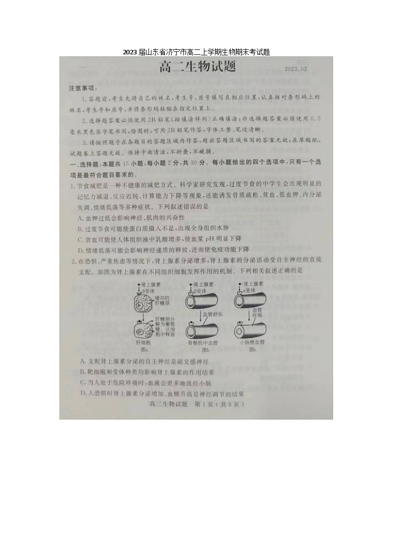 2023届山东省济宁市高二上学期生物期末考试题第1页