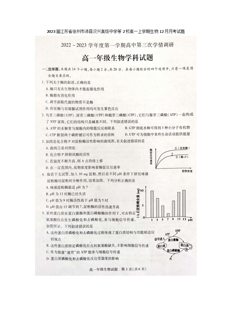 2023届江苏省徐州市沛县汉兴高级中学等2校高一上学期生物12月月考试题01