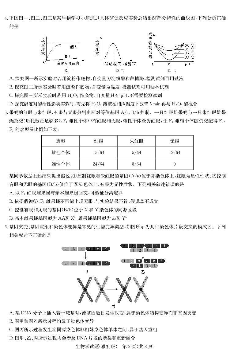 2024届湖南省长沙市雅礼中学高三下学期模拟卷（一）生物试题02