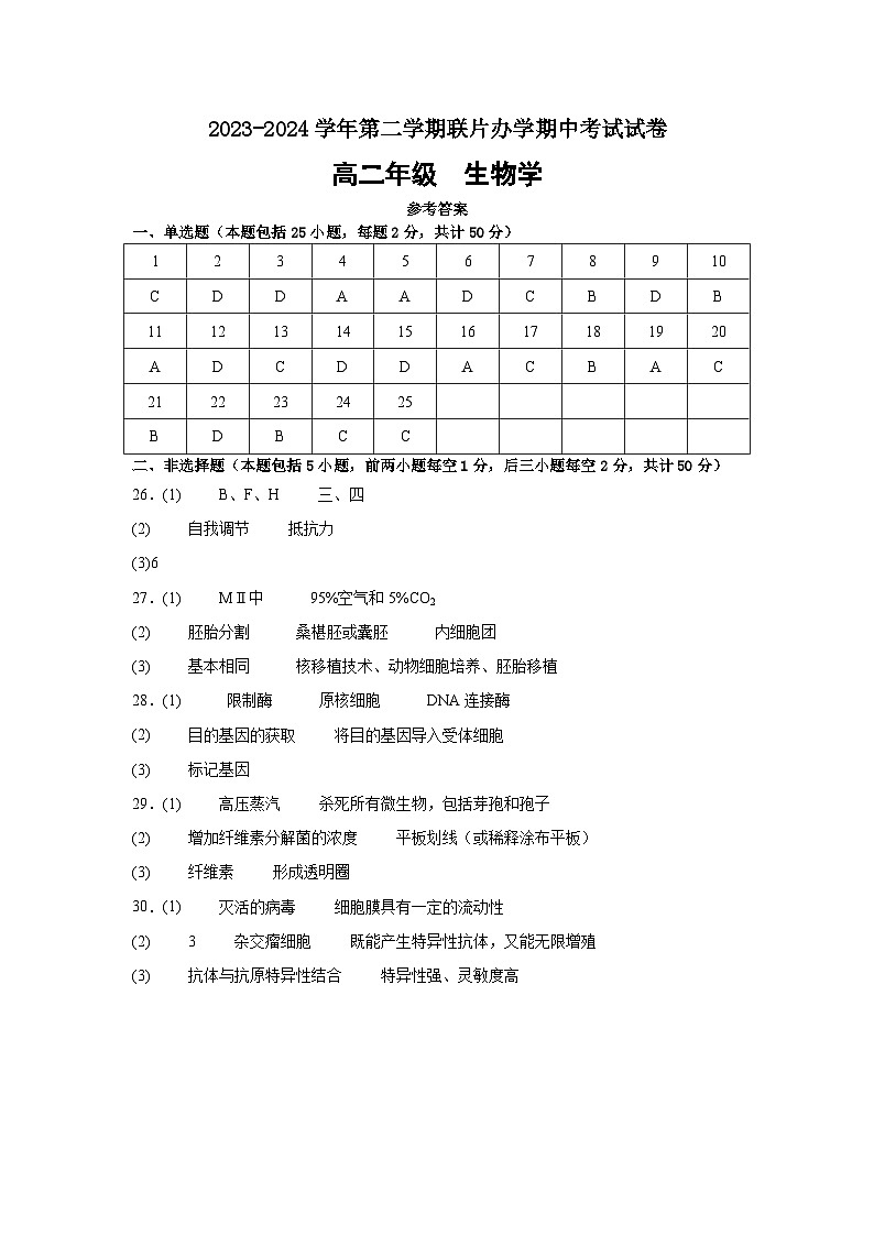 甘肃省兰州市教育局第四片区2023-2024学年高二下学期期中考试生物试卷01
