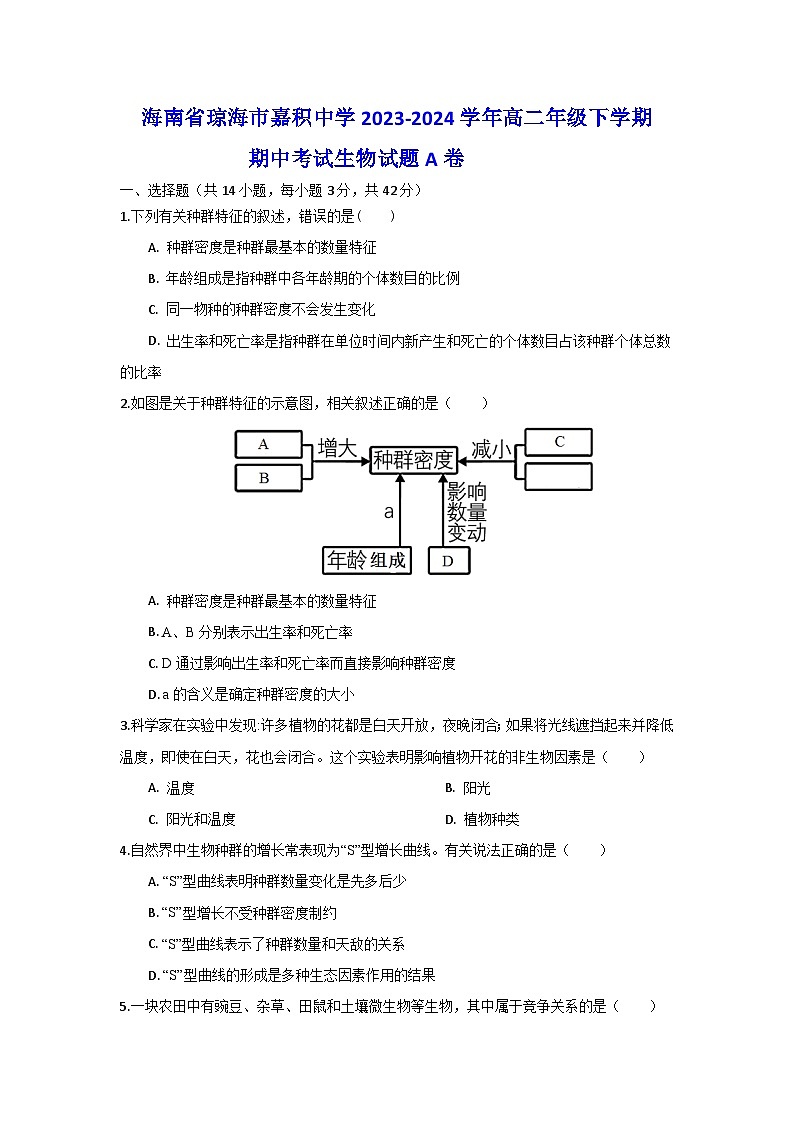 海南省琼海市嘉积中学2023-2024学年高二年级下学期期中考试生物试题A卷01